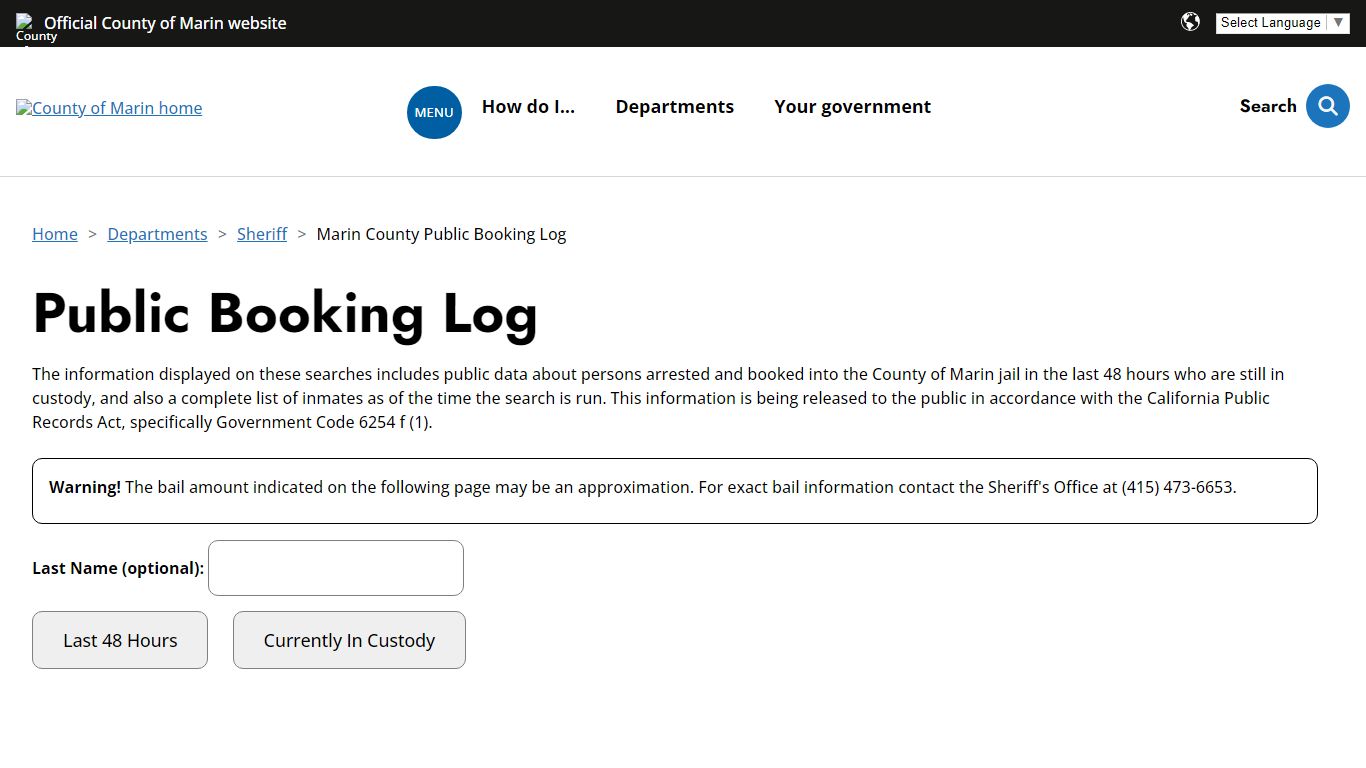 Public Booking Log - County Of Marin - Marin County, California