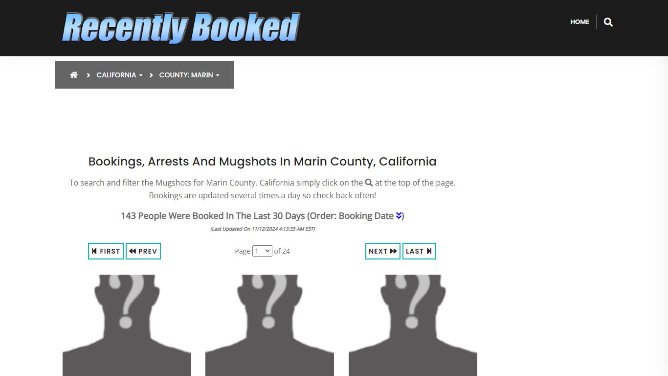 Bookings, Arrests and Mugshots in Marin County, California