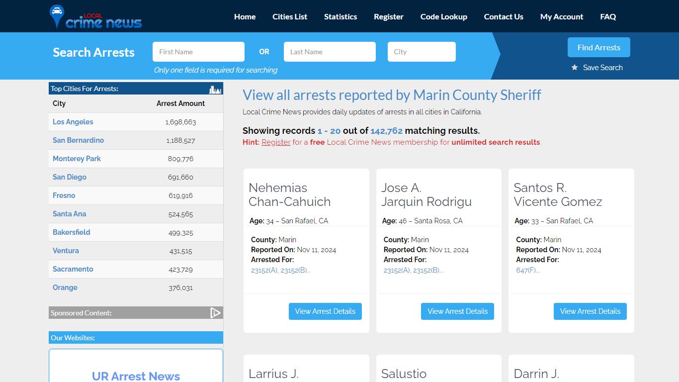 Arrests reported by Marin County Sheriff | Local Crime News