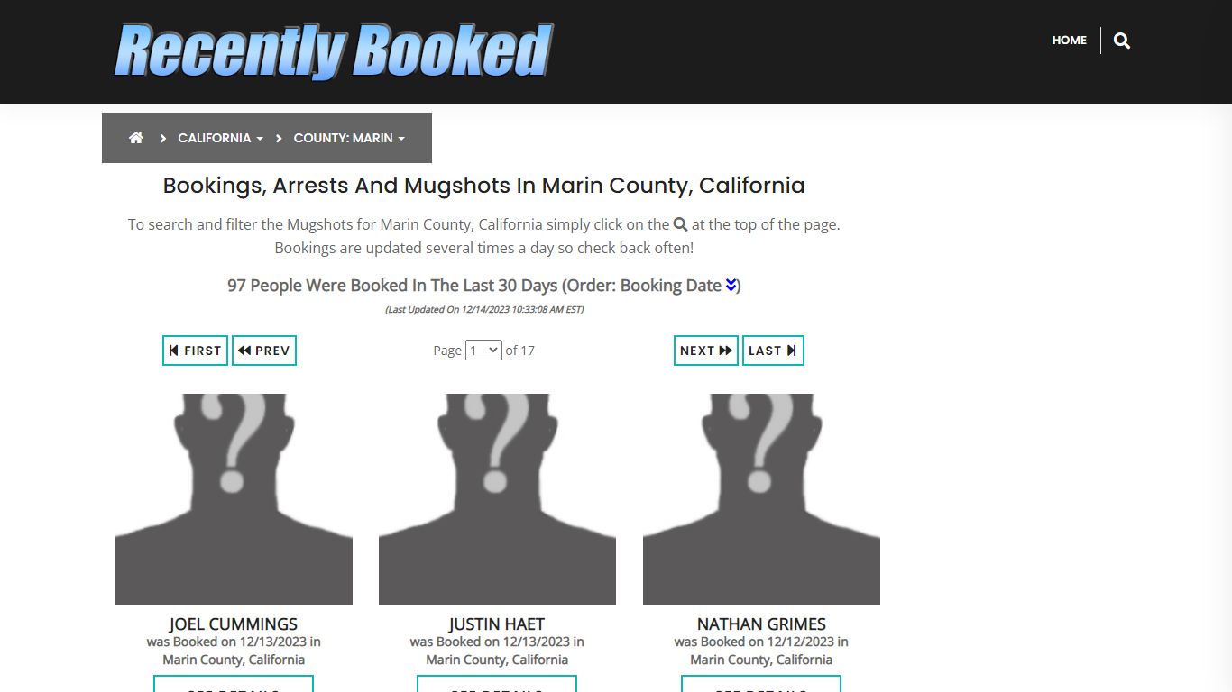 Recent bookings, Arrests, Mugshots in Marin County, California